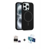 MARSİLYAN™- iPhone 14 Pro Max Kılıf Yankı Form Serisi - Siyah 3D Antistatik Cam Ekran Koruyucu + Derin Mor Bilvis Titan Kamera Lens
