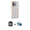 MARSİLYAN™- iPhone 14 Pro Max Kılıf Yankı Işık Özel Seri - Siyah 3D Antistatik Cam Ekran Koruyucu + Turuncu PVD Metal Kamera Lens
