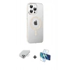 MARSİLYAN™- iPhone 14 Pro Max Kılıf Yörünge Koleksiyonu - Siyah 3D Antistatik Cam Ekran Koruyucu + Gümüş Band Metal Kamera Lens