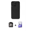 MARSİLYAN™- iPhone 14 Pro Max Kılıf Zirve Işık Serisi - Siyah Bilvis 5in1 5D Magic Hayalet Cam Ekran Koruyucu + Turuncu PVD Metal Kamera Lens