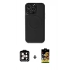 MARSİLYAN™- iPhone 14 Pro Max Kılıf Zirve Işık Serisi - Siyah Buffer Cam Ekran Koruyucu + Turuncu PVD Metal Kamera Lens