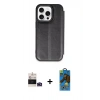 MARSİLYAN™- iPhone 14 Pro Max Kılıf Zirve Yansıma Serisi - Siyah 18D Cam Ekran Koruyucu + Derin Mor Bilvis Titan Kamera Lens
