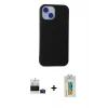 MARSİLYAN™- iPhone 15 Kılıf Ahenk Serisi - Siyah Polymer Nano Ekran Koruyucu + Pembe Bilvis Titan Kamera Lens