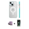 MARSİLYAN™- iPhone 15 Kılıf Pusula Minimal Koleksiyonu - Şeffaf 360 Full Body Arka Koruyucu + Sarı Raze Metal Kamera Lens
