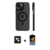MARSİLYAN™- iPhone 15 Kılıf Pusula Minimal Koleksiyonu - Siyah Buffer Hayalet Cam Ekran Koruyucu + PVD Metal Kamera Lens - YL