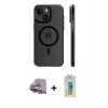 MARSİLYAN™- iPhone 15 Kılıf Pusula Minimal Koleksiyonu - Siyah Polymer Nano Ekran Koruyucu + Pembe Raze Metal Kamera Lens