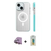 MARSİLYAN™- iPhone 15 Kılıf Pusula Minimal Koleksiyonu - Siyah Polymer Nano Ekran Koruyucu + Pembe Raze Metal Kamera Lens