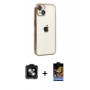 MARSİLYAN™- iPhone 15 Kılıf Vadi Minimal - Siyah Buffer Hayalet Cam Ekran Koruyucu + Turuncu PVD Metal Kamera Lens