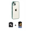 MARSİLYAN™- iPhone 15 Kılıf Vadi Minimal - Siyah Buffer Hayalet Cam Ekran Koruyucu + Turuncu PVD Metal Kamera Lens