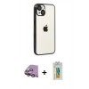 MARSİLYAN™- iPhone 15 Kılıf Vadi Minimal - Siyah Polymer Nano Ekran Koruyucu + Pembe Raze Metal Kamera Lens
