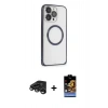 MARSİLYAN™- iPhone 15 Pro Kılıf Ahenk Işık Serisi - Siyah Buffer Hayalet Cam Ekran Koruyucu + Titanyum Gri Raze Metal Kamera Lens