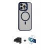 MARSİLYAN™- iPhone 15 Pro Kılıf Ahenk Klasik Özel Seri - Siyah 3D Antistatik Cam Ekran Koruyucu + Titanyum Gri Raze Metal Kamera Lens