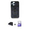 MARSİLYAN™- iPhone 15 Pro Kılıf Ahenk Klasik - Siyah Bilvis 5in1 5D Magic Hayalet Cam Ekran Koruyucu + Raze Metal Kamera Lens - LT