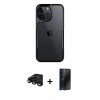 MARSİLYAN™- iPhone 15 Pro Kılıf Akış Çizgi Koleksiyonu - Siyah 3D Antistatik Hayalet Cam Ekran Koruyucu + Raze Metal Kamera Lens - SH