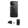 MARSİLYAN™- iPhone 15 Pro Kılıf Akış Çizgi Koleksiyonu - Siyah 3D Antistatik Hayalet Cam Ekran Koruyucu + Raze Metal Kamera Lens - SH