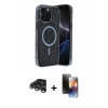 MARSİLYAN™- iPhone 15 Pro Kılıf Eksen Çizgi - Siyah 3D Antistatik Mat Seramik Nano Ekran Koruyucu + Gümüş Raze Metal Kamera Lens