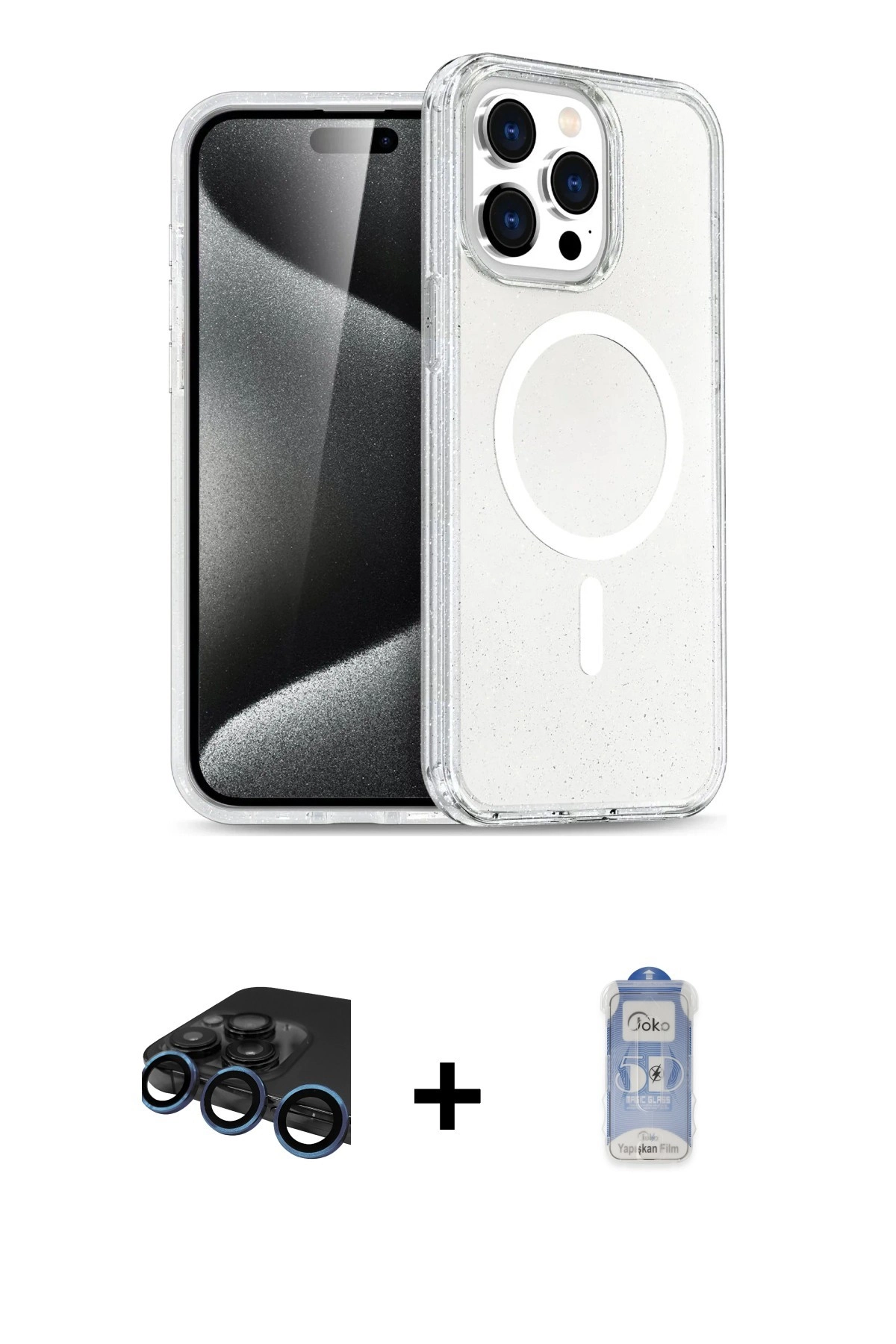 MARSİLYAN™- iPhone 15 Pro Kılıf Eksen Doku Koleksiyonu - Siyah Joko Magic 5D Cam + Raze Metal Kamera Lens - LT