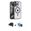 MARSİLYAN™- iPhone 15 Pro Kılıf Eksen Form Koleksiyonu - Siyah 3D Antistatik Cam Ekran Koruyucu + Gümüş Raze Metal Kamera Lens