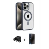 MARSİLYAN™- iPhone 15 Pro Kılıf Eksen Form Koleksiyonu - Siyah 3D Antistatik Hayalet Cam Ekran Koruyucu + Raze Metal Kamera Lens - SH