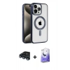 MARSİLYAN™- iPhone 15 Pro Kılıf Eksen Form Koleksiyonu - Siyah Bilvis 5in1 5D Magic Hayalet Cam Ekran Koruyucu + Lacivert Raze Metal Kamera Lens