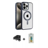 MARSİLYAN™- iPhone 15 Pro Kılıf Eksen Form Koleksiyonu - Siyah Polymer Nano Ekran Koruyucu + Gümüş Raze Metal Kamera Lens