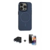 MARSİLYAN™- iPhone 15 Pro Kılıf Eksen Işık Prime - Siyah 3D Antistatik Mat Seramik Nano Ekran Koruyucu + Lacivert Raze Metal Kamera Lens