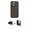 MARSİLYAN™- iPhone 15 Pro Kılıf Eksen Işık - Siyah 3D Antistatik Mat Seramik Nano Ekran Koruyucu + Lacivert Raze Metal Kamera Lens