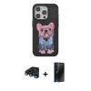 MARSİLYAN™- iPhone 15 Pro Kılıf İz Minimal Koleksiyonu - Siyah 3D Antistatik Hayalet Cam Ekran Koruyucu + Raze Metal Kamera Lens - LT