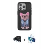 MARSİLYAN™- iPhone 15 Pro Kılıf İz Minimal Koleksiyonu - Siyah 3D Antistatik Seramik Nano Ekran Koruyucu + Lacivert Raze Metal Kamera Lens