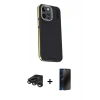 MARSİLYAN™- iPhone 15 Pro Kılıf Kıvılcım Modern Özel Seri - Siyah 3D Antistatik Hayalet Cam Ekran Koruyucu + Titanyum Gri Raze Metal Kamera Lens