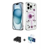MARSİLYAN™- iPhone 15 Pro Kılıf Kozmos Doku - Siyah 3D Antistatik Cam Ekran Koruyucu + Raze Metal Kamera Lens - TMGI