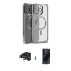 MARSİLYAN™- iPhone 15 Pro Kılıf Nova Işık Özel Seri - Siyah 3D Antistatik Hayalet Cam Ekran Koruyucu + Gümüş Raze Metal Kamera Lens