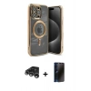 MARSİLYAN™- iPhone 15 Pro Kılıf Nova Işık Özel Seri - Siyah 3D Antistatik Hayalet Cam Ekran Koruyucu + Gümüş Raze Metal Kamera Lens