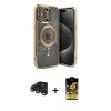 MARSİLYAN™- iPhone 15 Pro Kılıf Nova Işık Özel Seri - Siyah Buffer Cam Ekran Koruyucu + Lacivert Raze Metal Kamera Lens