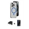 MARSİLYAN™- iPhone 15 Pro Kılıf Odak Form Özel Seri - Siyah 3D Antistatik Hayalet Cam Ekran Koruyucu + Raze Metal Kamera Lens - GS