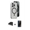 MARSİLYAN™- iPhone 15 Pro Kılıf Odak Form Özel Seri - Siyah 3D Antistatik Hayalet Cam Ekran Koruyucu + Raze Metal Kamera Lens - GS