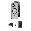 MARSİLYAN™- iPhone 15 Pro Kılıf Odak Form Özel Seri - Siyah 3D Antistatik Hayalet Cam Ekran Koruyucu + Raze Metal Kamera Lens - LT