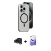 MARSİLYAN™- iPhone 15 Pro Kılıf Odak Form Özel Seri - Siyah Bilvis 5in1 5D Magic Hayalet Cam Ekran Koruyucu + Raze Metal Kamera Lens - TMGI