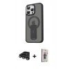 MARSİLYAN™- iPhone 15 Pro Kılıf Pusula Doku Koleksiyonu - Siyah Bilvis 3D Cam Ekran Koruyucu + Titanyum Gri Raze Metal Kamera Lens
