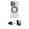 MARSİLYAN™- iPhone 15 Pro Kılıf Pusula Form - Siyah 3D Antistatik Mat Seramik Nano Ekran Koruyucu + Raze Metal Kamera Lens - TMGI
