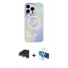 MARSİLYAN™- iPhone 15 Pro Kılıf Pusula Form - Siyah 3D Antistatik Seramik Nano Ekran Koruyucu + Gümüş Raze Metal Kamera Lens