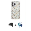 MARSİLYAN™- iPhone 15 Pro Kılıf Pusula Form - Siyah 3D Antistatik Seramik Nano Ekran Koruyucu + Gümüş Raze Metal Kamera Lens