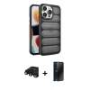 MARSİLYAN™- iPhone 15 Pro Kılıf Yadigar Doku Özel Seri - Siyah 3D Antistatik Hayalet Cam Ekran Koruyucu + Raze Metal Kamera Lens - SH