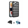 MARSİLYAN™- iPhone 15 Pro Kılıf Yadigar Doku Özel Seri - Siyah 3D Antistatik Seramik Nano Ekran Koruyucu + Gümüş Raze Metal Kamera Lens