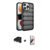 MARSİLYAN™- iPhone 15 Pro Kılıf Yadigar Doku Özel Seri - Siyah Bilvis 3D Mat Cam Ekran Koruyucu + Lacivert Raze Metal Kamera Lens