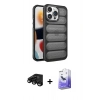 MARSİLYAN™- iPhone 15 Pro Kılıf Yadigar Doku Özel Seri - Siyah Bilvis 5in1 5D Magic Hayalet Cam Ekran Koruyucu + Raze Metal Kamera Lens - SH
