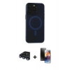MARSİLYAN™- iPhone 15 Pro Kılıf Yadigar Işık - Siyah 3D Antistatik Mat Seramik Nano Ekran Koruyucu + Lacivert Raze Metal Kamera Lens
