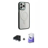 MARSİLYAN™- iPhone 15 Pro Kılıf Yankı Işık Özel Seri - Siyah Bilvis 5in1 5D Magic Hayalet Cam Ekran Koruyucu + Lacivert Raze Metal Kamera Lens