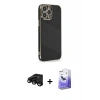 MARSİLYAN™- iPhone 15 Pro Kılıf Yankı Serisi - Siyah Bilvis 5in1 5D Magic Hayalet Cam Ekran Koruyucu + Siyah Raze Metal Kamera Lens