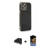 MARSİLYAN™- iPhone 15 Pro Kılıf Yankı Serisi - Siyah Buffer Hayalet Cam Ekran Koruyucu + Titanyum Gri Raze Metal Kamera Lens